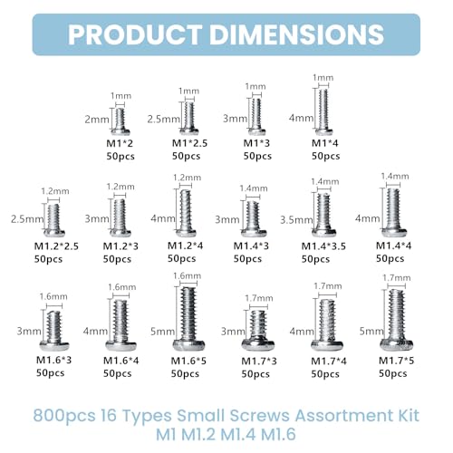 800Pcs Tiny Screws, 16 Sizes Metric Micro Machine Screws Assortment Kit