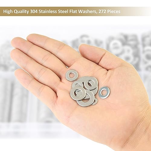 272 Pieces 304 Stainless Steel Flat Washers, Fender Washers, Kindroufly 8 Sizes Stainless Steel Washers, Lock Metal Washers Assortment Kit (#6#8#10#12 1/4" 5/16" 3/8" 1/2") #6 #8 #10 #12 1/4" 5/16" 3/8" 1/2"