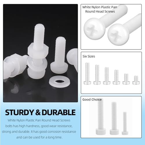 Glarks 360pcs M3 x 4/5/6/8/10/12MM Nylon Phillips Pan Head Screws Nut Washer Kit, White Nylon Phillips Cross Round Head Machine Screw for Various Industrial Fastening Applications