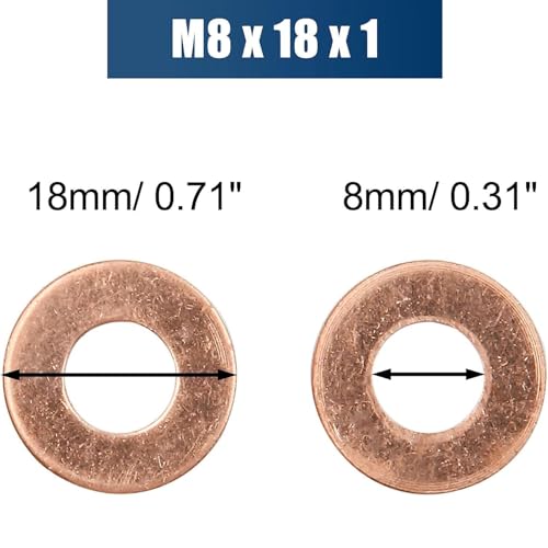 40PCS M8 Copper Flat Washers, 8mm ID 12mm OD 1mm Thick Metric Copper Sealing Rings for Bolts Nuts Fuel Hydraulic Fittings