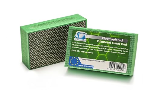 Glass Polish (Grit 60) Pack of 2 PRO Diamond Hand Pad Sanding Block for Smoothing, Edging and Polishing - 3.74” x 2.16” (95x 55mm) - GP15003