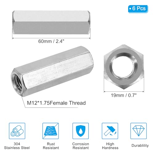 PATIKIL M12 x 1.75-Pitch 304 Stainless Steel Hex Coupling Nuts, 6Pcs 60mm/ 2.4" Length Coarse Fully Threaded Rod Coupling Nut Studding Connector Fasteners, Silver Tone M12-1.75 x 60mm 6