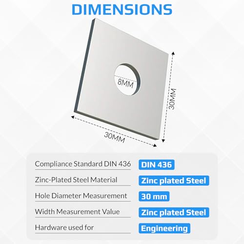M8 Square Plate Washers (25 Pack), Zinc Plated Steel Rectangular Flat Washers, Timber Structural Reinforcement Framing Washers for Metric Bolts & Nuts, DIN 436 (8mm x 30mm / 0.315" x 1.181") 25 M8