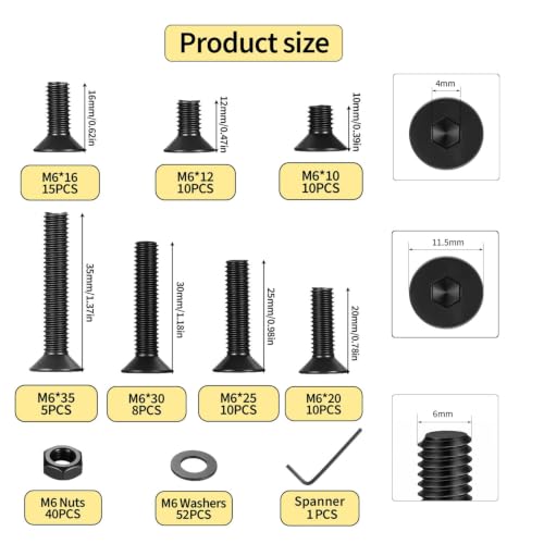 161 PCS M6 Countersunk Bolt Kit, M6 Flat Head Machine Screws Assortment 161