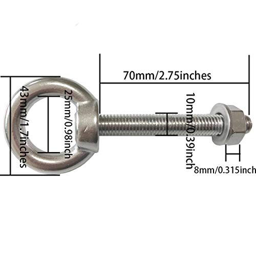 Stainless Steel Eye Bolt, 4pack M10 Shoulder Eye Bolts 3/8" X 2.75"with Nuts and Washer Thread Lifting Ring Eyebolt 4pcs