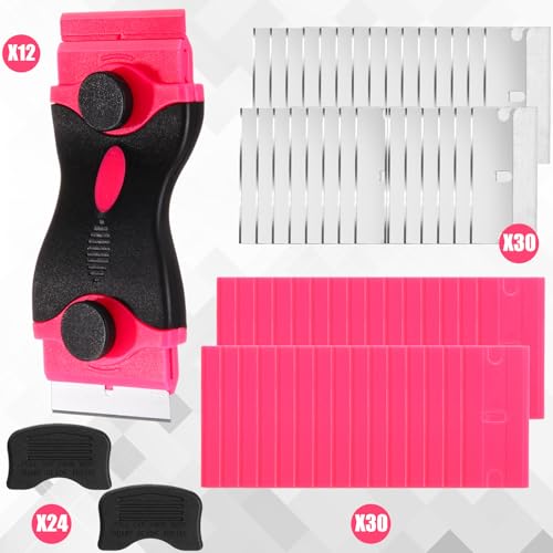 WILLBOND 72 Pcs Double Razor Blade Scraper Tool Set 12 Pcs 2 in 1 Razor Scraper Remover 60 Pcs Metal and Plastic Blades for Decal, Sticker, Label, Caulk Adhesive, Paint Stovetop, Subfloor (Pink) Pink