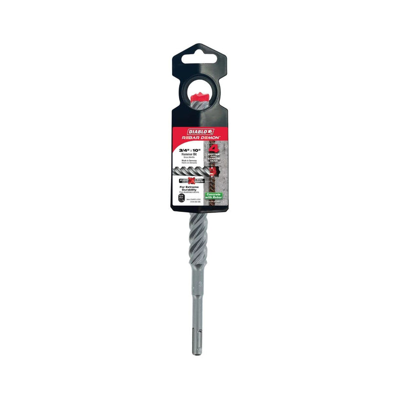 Diablo Rebar Demon SDS-Plus 4-Cutter Full Carbide Head Hammer Drill Bit for Concrete and Reinforced Materials - 3/4" Diameter, 10" Length, 8" Working Length - DMAPL4250 10" Length x 3/4" Dia