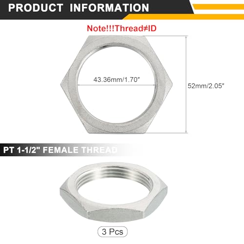 uxcell 3Pcs Cast Pipe Fitting Hex Locknut, 304 Stainless Steel Hex Lock Nut PT 1-1/2" Female Thread for Plumbing Fixed, Water Broom and Undercarriage Cleaner, 2.28"x0.39"(ODxT) 1-1/2" 3