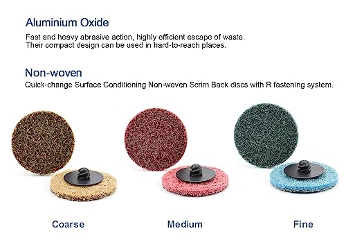 2 Inch Sanding Discs Assortment,Surface Conditioning Discs,Quick Change Design,Coarse/Medium/Fine 60 Pcs and 1/4'' Pad Holder 1Pcs. Brown-Coarse,Red-Medium,Blue-Fine