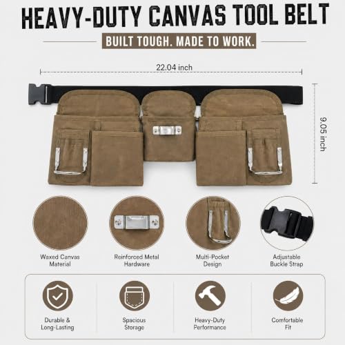 Waterproof Waxed Canvas Tool Belts for Men with 19 Pockets, Tear-resistant