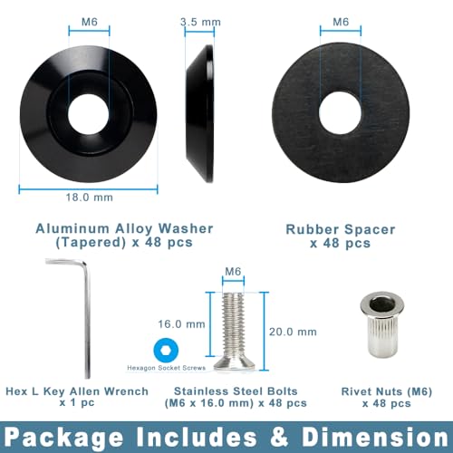 M6 Black Anodized Aluminum Washer Fender Flare Hardware Kit 48