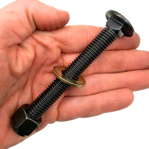 1/2"-13 x 4 Grade 8 Carriage Bolts (4-Pack) – Heavy-Duty Coarse Thread Bolts with Washers and Nylon Lock Nuts – Round Head Square Neck SAE J429 4.0" Plain Black Finish Bolts, Washers, Nuts