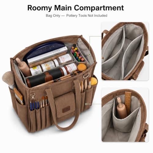 Pottery Tool Bag with Multiple Pockets, Art Supply Tote for Clay Tools brown