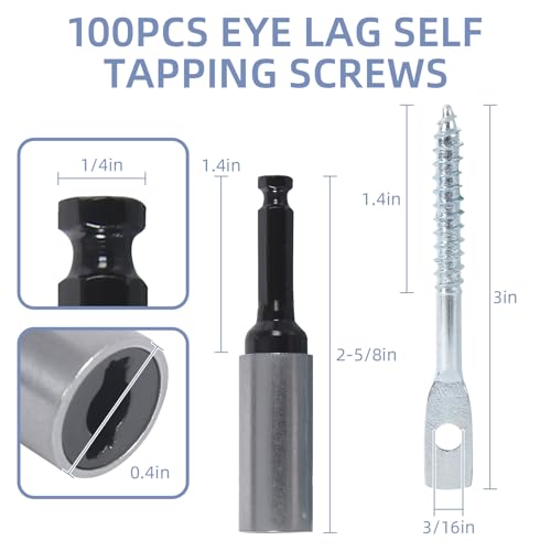 100 Pack Eye Lag Screws with 1Pc Eye Lag Driver, 1/4 Inch x 3 Inch Wood Screws, Heavy Duty Cement Concrete Wall Anchors Eye Bolts for Hanging Ceiling Joists 100