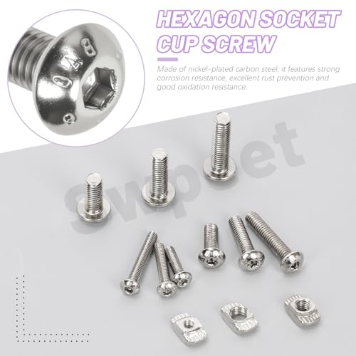 Swpeet 201Pcs M3 Nickel Plated T Nuts Screws with Hex Wrench Assortment Kit, M3×12/16/20 Button Head Hex Socket Head Cap Bolts, T Slot Nut Hammer Head Fastener for 2020 Series Aluminum Profile Groove