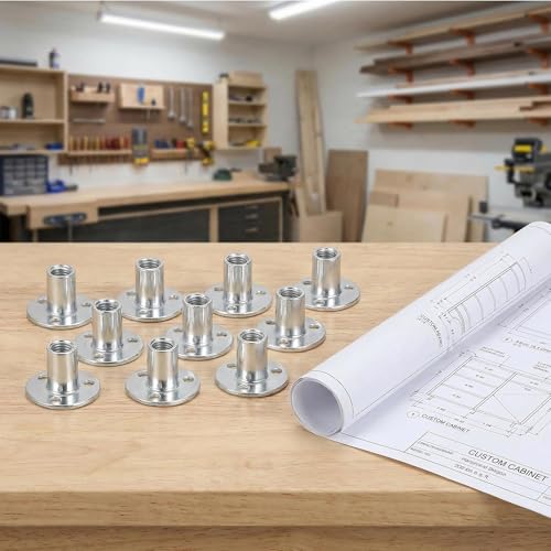 10 Pcs M12 x 40mm (Base) x 25mm (Height) T-Nuts, Zinc Plated Carbon Steel Brad Hole Tee Nut, Heavy Duty Round Base Screw-in T-Nuts for Wood Furniture, Cabinetry & Bed Legs Mounting M12x40x2.5mm