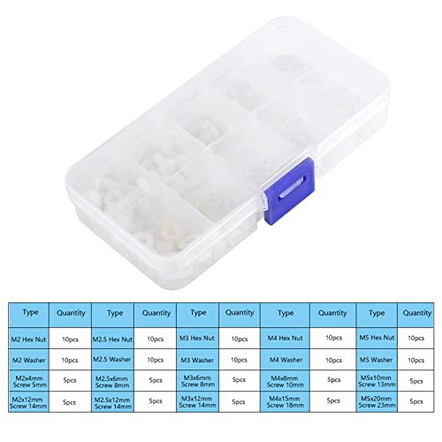 150pcs Plastic Screws Nylon Screws Bolts and Nuts Washers Fastener Assortment Kit in Box Plastic Fasteners M2 M2.5 M3 M4 M5