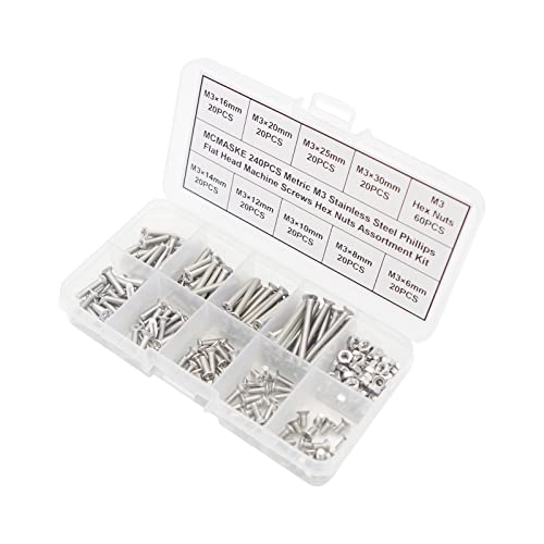 240PCS M3 Stainless Steel Phillips Flat Head Machine Screws Hex Nuts Assortment Kit