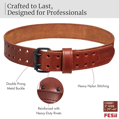 FESA Men's Leather Tool Belt - Handcrafted Top Grain Leather Tool Pouch Belt for Carpenters & Other Trade Professionals Cherry - 2" Wide - L