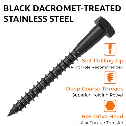 3/8 x 4 Black Lag Bolts, 20 PCs Dacromet-Coated 304 Stainless Wood Heavy Duty Lag Screws for Deck Frame and Outdoor Projects, Hex Head 3/8 x 4"