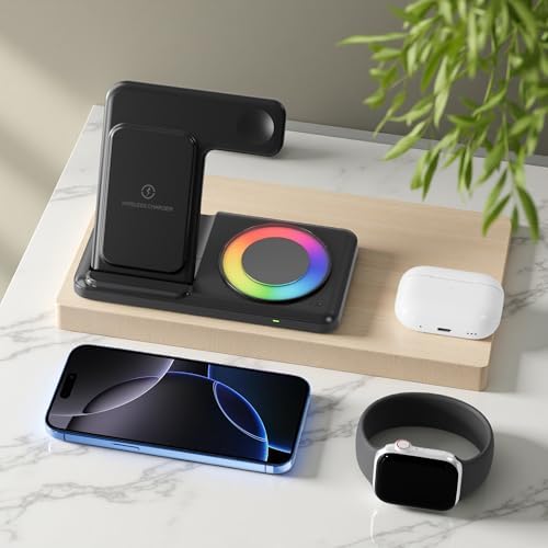Wireless Charging Station with RGB Light for iPhone 17 16 15 14 Pro Max 13 12, Travel 3 in 1 Wireless Charger Stand for Apple Multiple Devices, iWatch 11 10 9 8 7 6 5 4 3 2, Airpods 4 3 Pro White