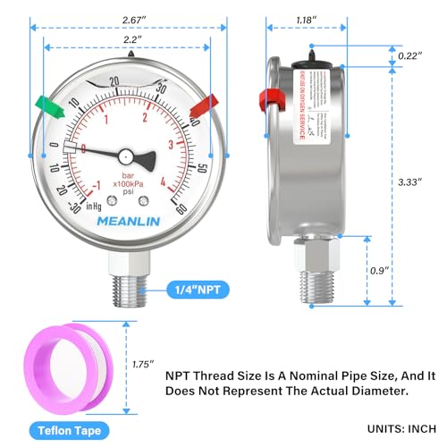 MEANLIN MEASURE -30inHG~60Psi Vacuum Pressure Gauge 316 Stainless Steel Joint 1/4" NPT 2.5" FACE DIAL, Stainless Steel Liquid Filled Pressure Gauge WOG Water Oil Air Lower Mount, 2PCS Snaps -30inHG-60Psi