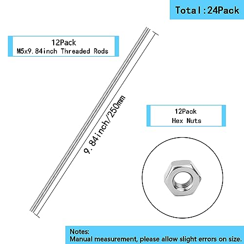 24 Pack M5×250mm Length Threaded Rods with Hex Nuts,12Pcs M5×250mm 304 Stainless Steel Fully All Threaded Rod(M5-0.8 Thread Pitch),12Pcs Hex Nuts for Hangers,U-Bolts and Clamps.