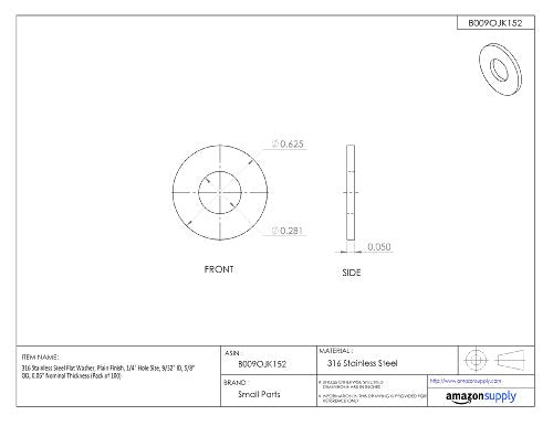 Small Parts 316 Stainless Steel Flat Washer, Plain Finish, 1/4" Hole Size, 9/32" ID, 5/8" OD, 0.05" Nominal Thickness (Pack of 100) 1/4" 0.281' Inches 0.625' Inches 0.050' Inches