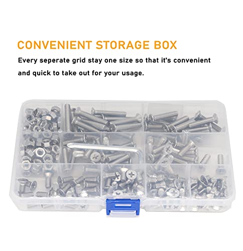 230pcs M5-0.8 x 6mm/8mm/10mm/12mm/16mm/20mm/25mm/30mm Flat Countersunk Head Phillips Screws with M5 Hex Nuts Kit, 304 Stainless Steel / A2-70/18-8, Full Thread, Plain Finish