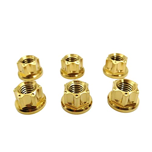 RISON Titanium Nuts M6 M8 M10 M12 Nut Hex Flange Bolt Screw Nut for Locomotive and Motorcycle Bicycle Car Boat Brake Accessories Titanium Fasteners Titanium Nut Pack of 5 (M8, Gold) Black,Blue,Gold,Rainbow
