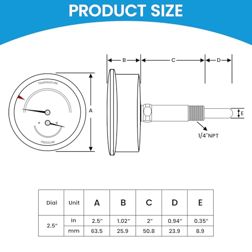 MEASUREMAN Commercial Tridicator, 2.5" Dial, 1/4" NPT Back Mount, Dual Scale 0-75 PSI 70-320°F, Rotatable Case with Adjustable Pointer（2.95'' Stem） 0-75 PSI 60-320°F 2.95'' Stem,2.5",No adapter connector