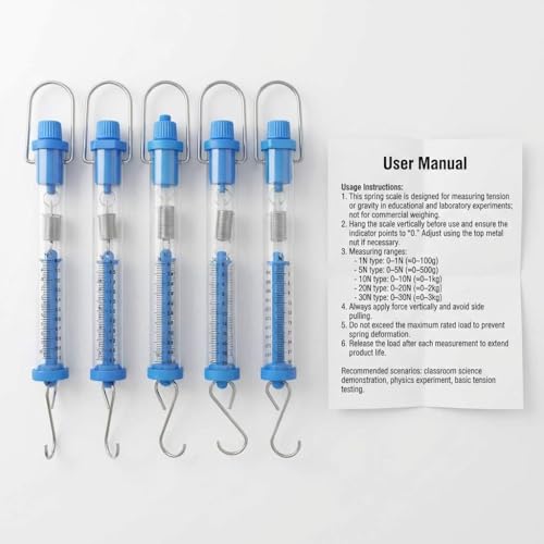 QWORK Tubular Spring Scale Set – 1N to 30N Range, Gram & Newton Dual Scale for Physics Lab, Classroom & Test Use, 1N, 5N, 10N, 20N, and 30N 1N, 5N, 10N, 20N, 30N 5 Pcs