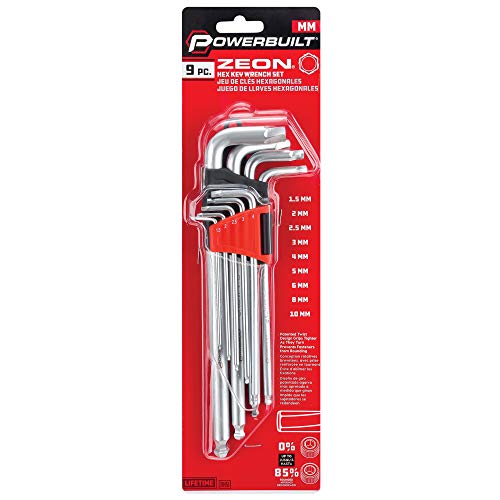 Powerbuilt 9 Piece Metric Hex Key Wrench Set for Damaged Fasteners, Standard, Grip Rusted, Rounded Bolts, Sizes 1.5mm to 10mm, Extra-Long L-Handles with Ball Ends - 240095