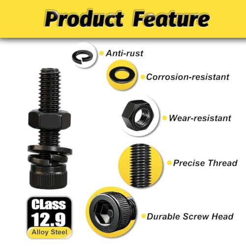 KADRICK 510PCS M3 Long Screws Kit, M3x20/25/30/35/40/45/50mm M3-0.5MM Hex Socket Head Cap Screw Assortment with Nuts & Washers, Class 12.9 Alloy Steel, Black Zinc Plated M3x20-50MM 510PCS