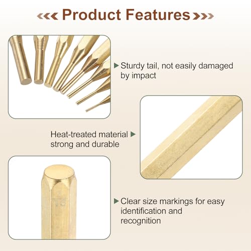 HARFINGTON 8pcs Brass Punch Set 1/16" 3/32" 1/8" 5/32" 3/16" 7/32" 1/4" 5/16" Non-marring Drive Pin Punch Cylindrical Alignment Punches for Watch Repair Jewelry and Craft