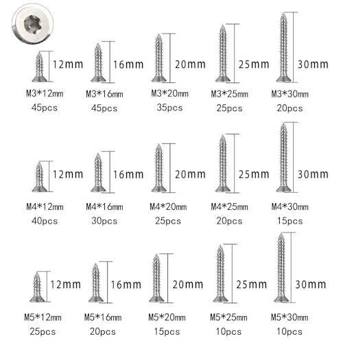 XIQILUOSI 304 Stainless Steel Flat Head Self-Drilling Tapping ScrewsM3-M5Various Sizes, 380PCS Countersunk Star/Flower Groove Self-Tapping Screw Set