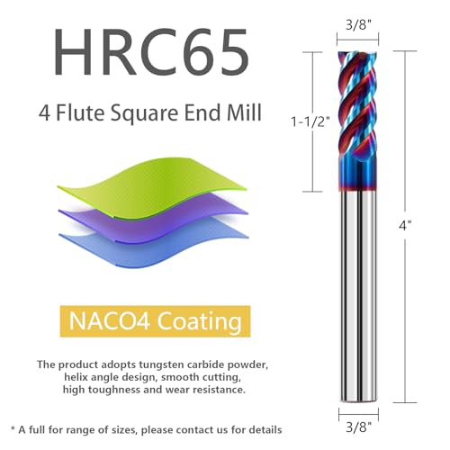 3/8" Solid Carbide Square End Mills Set 65HRC Extra Long 4" Milling Cutter 4 Flute CNC Milling Bits for Stainless Steel Hardness Steel 3/8 IN-extra long 1