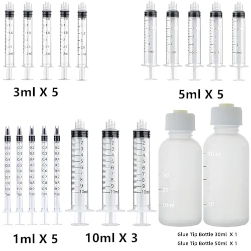 20 Pack Dispenser and 30ml+50ml Glue Bottle, 1ml, 3ml, 5ml, 10ml Glue Dispenser, 14ga, 16ga, 18ga, 20ga, 22ga, 25ga Accessories and Caps, for Ink, Epoxy, Woodworking, Craft, Liquid Dispensing 20 Pack - 1ml, 3ml, 5ml, 10ml, 30ml, 50ml
