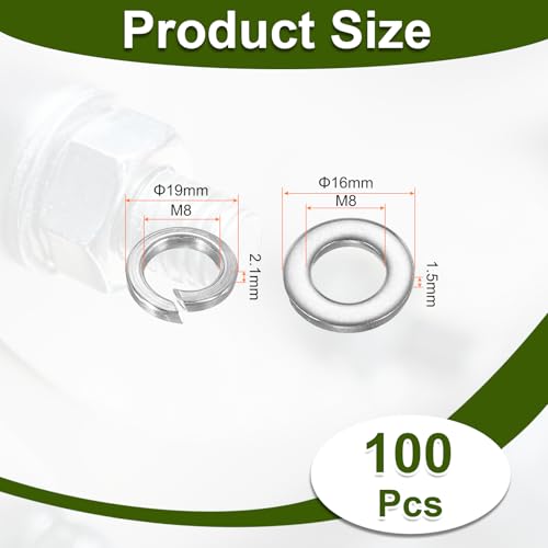 PATIKIL 100pcs M8 Flat Washers, 100pcs M8 Lock Washers 304 Stainless Steel Split Lock Washer for Screws Bolts Nuts, Silver Tone