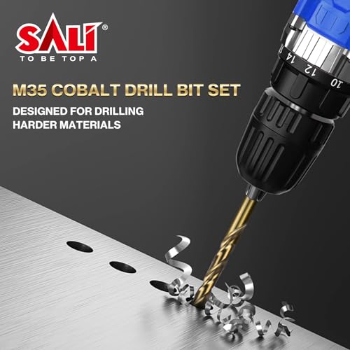 SALI Cobalt Drill Bit Set, 5Pcs 1/2" M35 High Speed Steel Jobber Length Drill Bit Kit for Hardened Metal, Stainless Steel, Cast Iron, Wood and Plastic, with Index Storage Case 1/2 Inch 5