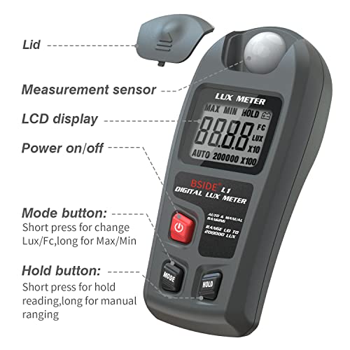 BSIDE Light Meter Digital Illuminance Meter 0.1-200,000 Luxmeter Environment Luminometer Photometer for Plants, Car Headlights Home & Office LEDs Light Photography