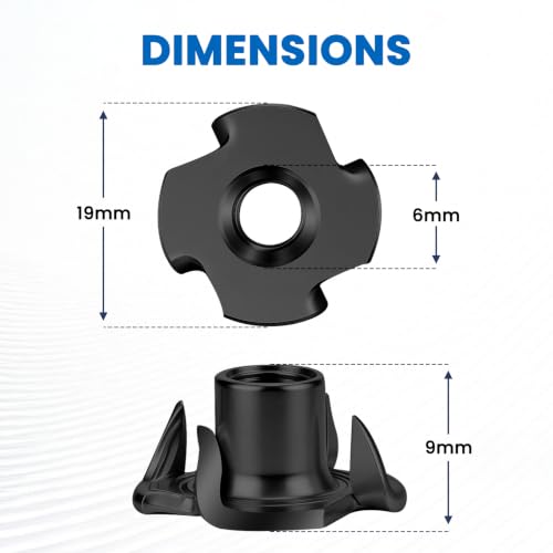 Mellewell M6 T-Nuts, Black Zinc Plated Steel 4-Pronged Tee Nut for Wood, Rock Climbing Holds, Furniture, 4-Jaw Threaded Insert for Bolts and Screws, 100 Pack Black Carbon Steel