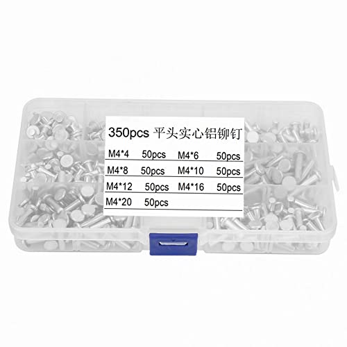 350pcs Solid Aluminum Rivets M4 Kit, Flat Head Boat Rivets Set, Length 4/6/8/10/12/16/20 mm Solid Metal Rivets Assortment Kit, with Plastic Box