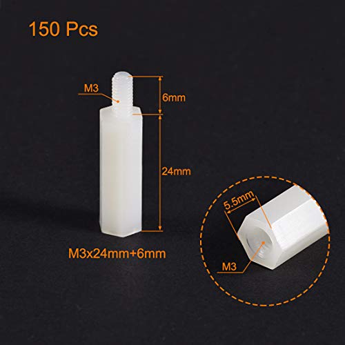uxcell M3x24mm+6mm Male-Female Hex Nylon PCB Motherboard Spacer Standoff for FPV Drone Quadcopter, PC & Circuit Board White 150pcs