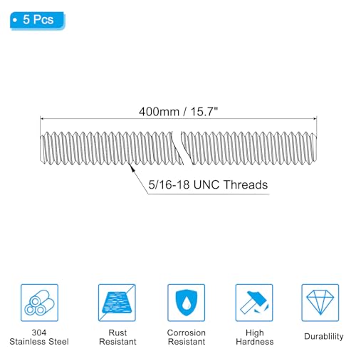 PATIKIL 5/16"-18 UNC 304 Stainless Steel Fully Threaded Rod 5Pcs 15.7 5/16"-18 x 15.7"