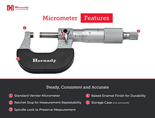 Hornady Vernier Micrometer 050072 - Reloading Equipment for Measuring Diameters & Lengths Up to 1 Inch Range & 0.0001 Inch Accuracy-Reloading Micrometer with Ratchet Stop, Spindle Lock, & Storage Case # 50072