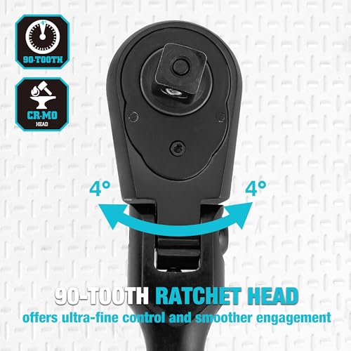 DURATECH 1/2-Inch Flex-Head Ratchet, 90-Tooth Quick-Release Ratchet Wrench 1/2"(Black)