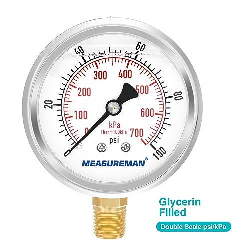 MEASUREMAN 0-100psi/kpa Liquid Filled Pressure Gauge with Brass Gauge Adaptor 1/4NPT Female，2-1/2 OAL x 1-2/5" x 1/8" Probe with Stainless Steel Sheath，Pressure Test Kit