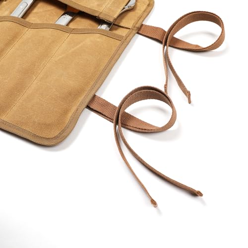 Wrench Roll, Heavy Duty 16OZ Waxed Canvas Tool Roll Tool Bag, Multi-Purpose Small Hand Tools & Wrenches Organizer Holder with 24 Pockets (Khaki) Khaki