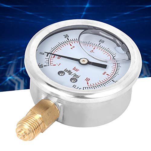 Oil Filled Pressure, 1/4 Lower Mount Stainless Steel Liquid Filled Pressure, -1-10 bar, -30-150 inhg/psi Scale Pressure with Brass Internals